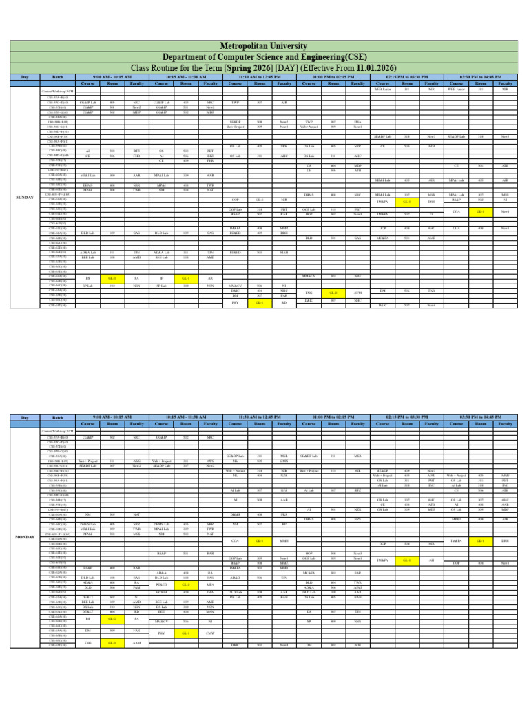 (V1.0) Class Routine CSE (DAY) Spring2026 EF-11!01!26 | PDF | Computing