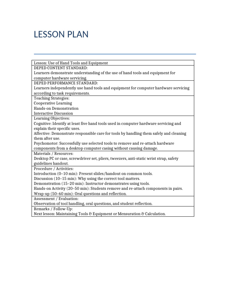 Computer Hardware Servicing 3 Lessons Template Format | PDF ...