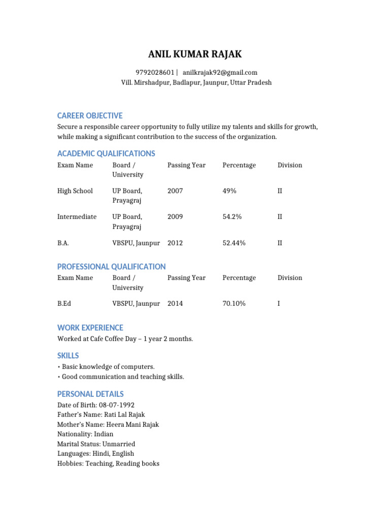 Anil Kumar Rajak Resume | PDF