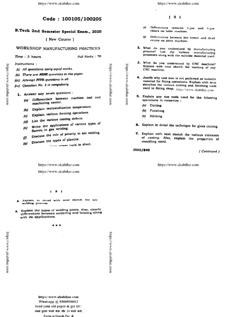 Btech 2 Sem Workshop Manufacturing Practices 100105 2020 | PDF