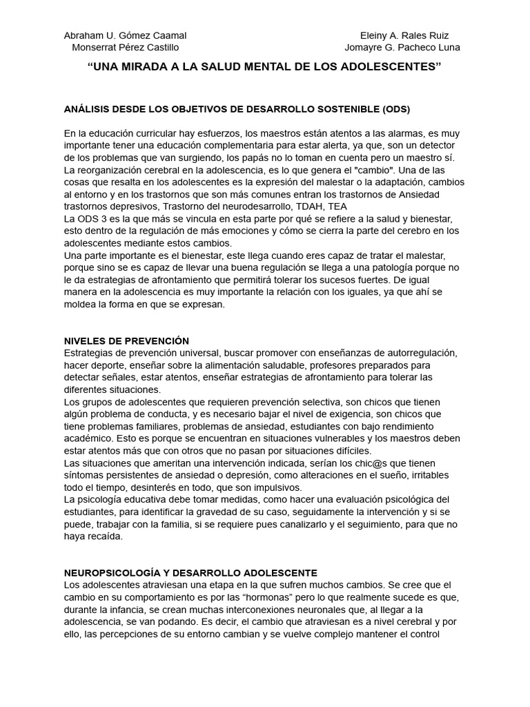 Una Mirada A La Salud Mental de Los Adolescentes | PDF | Las emociones ...