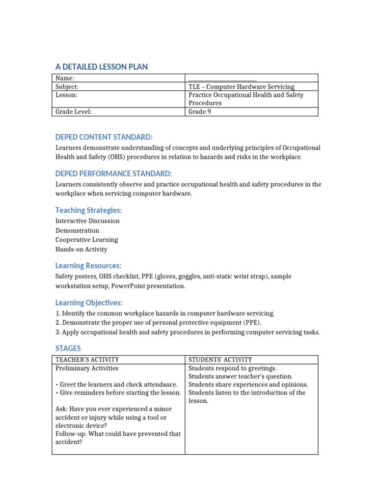 Detailed Lesson Plan OHS in Table Format | PDF | Occupational Safety ...