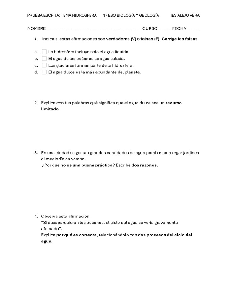Examen Hidrosfera | PDF | Agua | El ciclo del agua