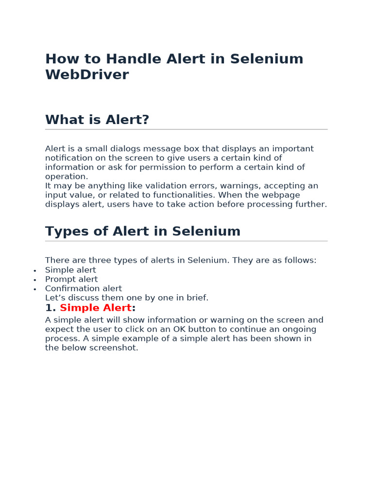How to Handle Alert in Selenium WebDriver | PDF