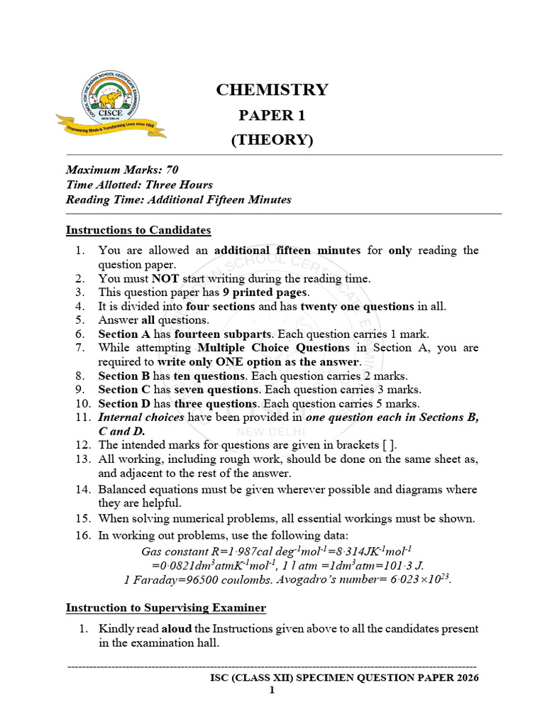 2026 Isc Chem Specimen Without Answers | PDF | Chemical Reactions ...