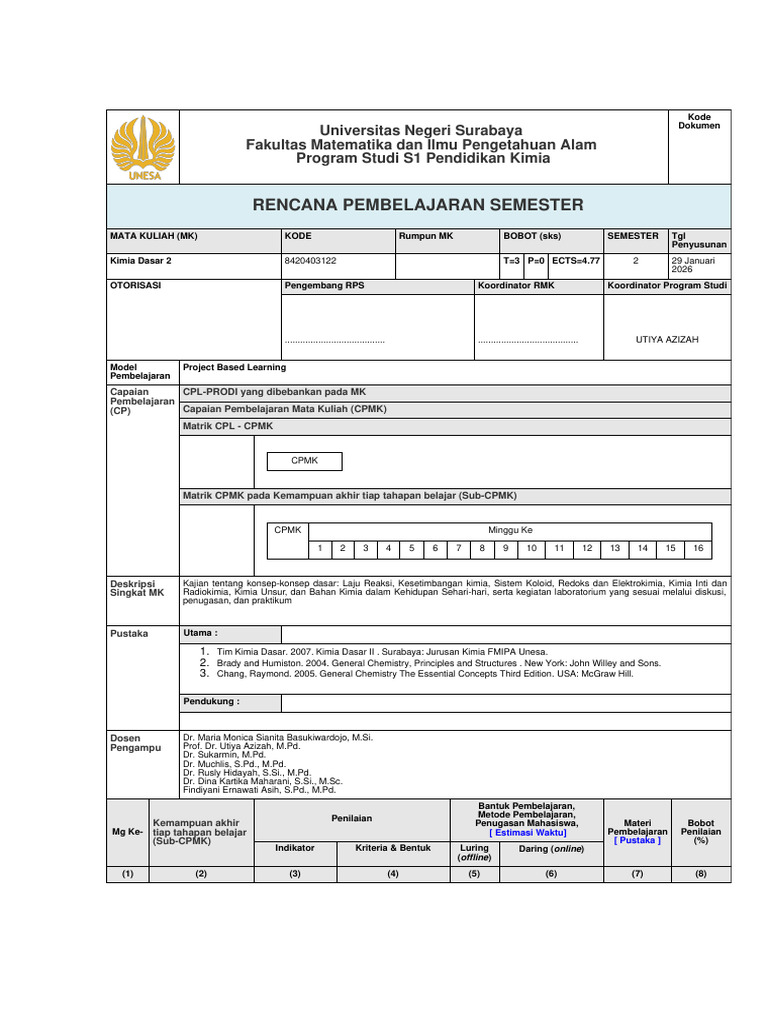 RPS OBE Kimia Dasar 2 | PDF