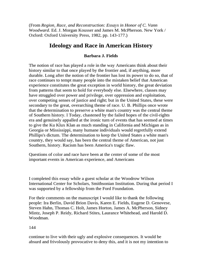 Barbara Fields Race and Ideology | PDF | Race (Human Categorization ...