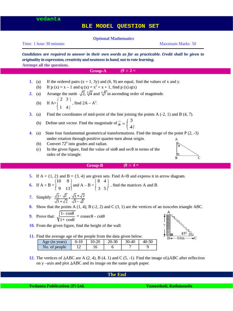 Ble Model Question Set Optional Mathematics 20210124070158 | PDF ...