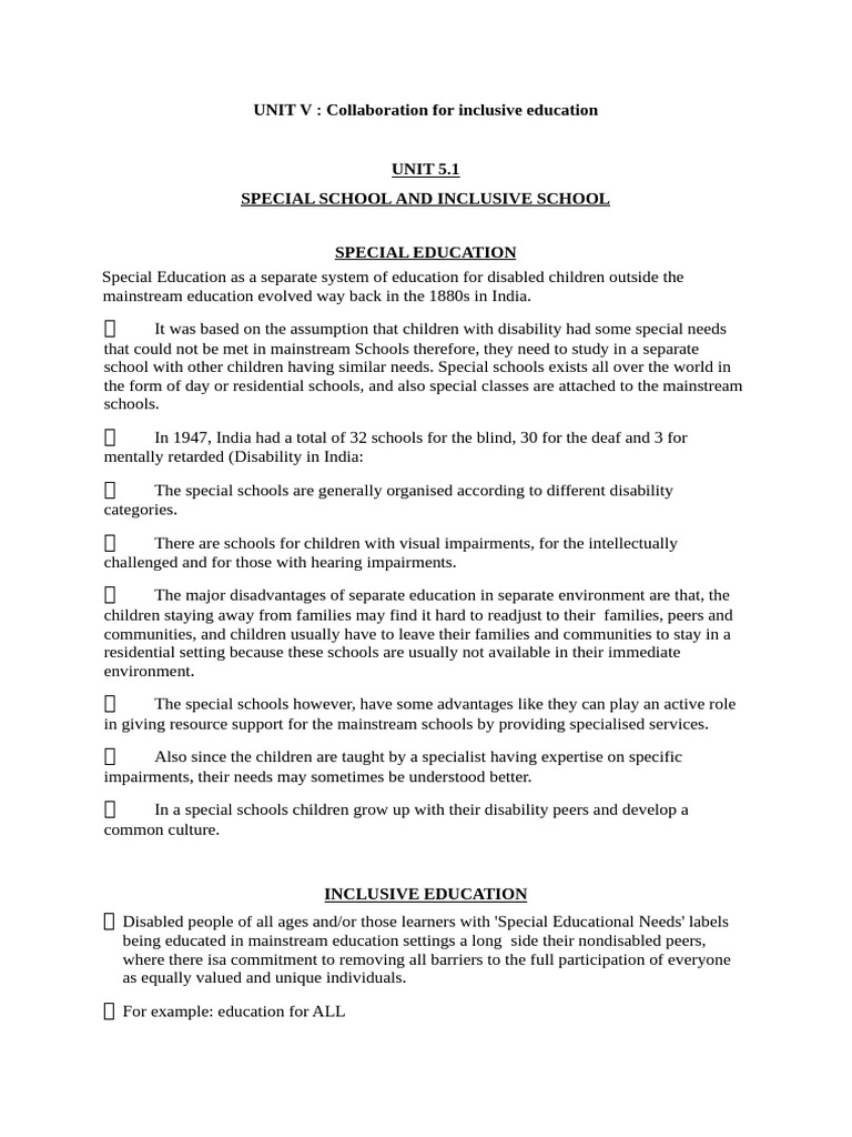 UNIT 5 Inclusive Education | PDF | Inclusion (Education) | Special ...