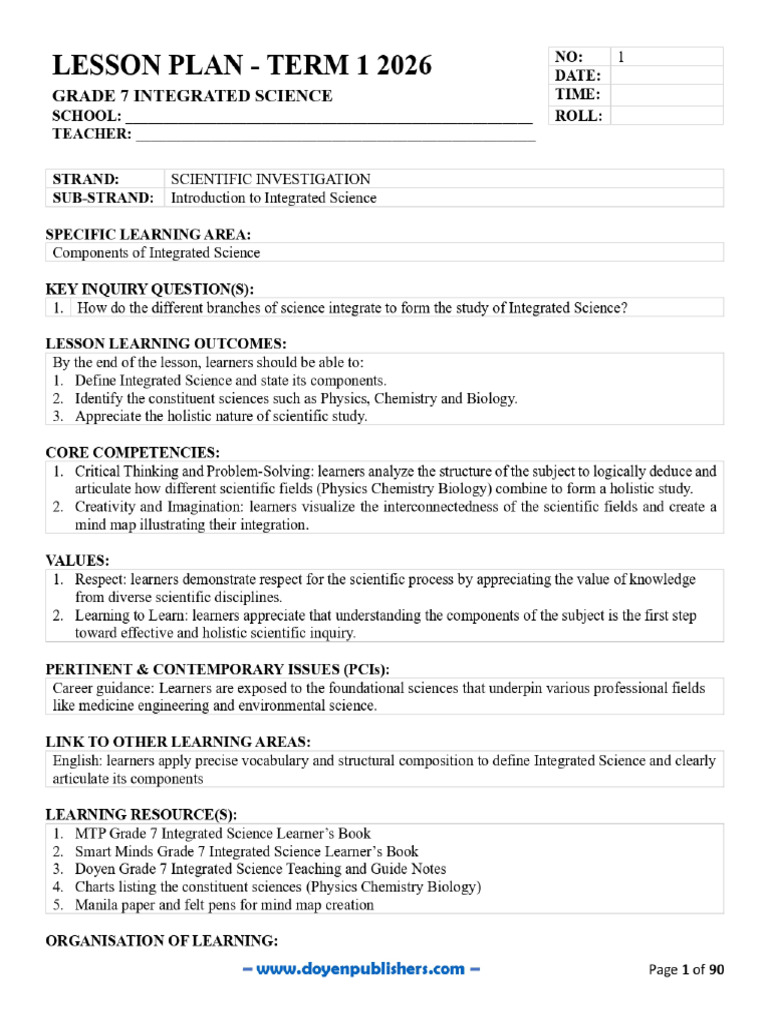 Grade 7 Integrated Science Term I 2026 Lesson Plans PDF 1766875579018 | PDF