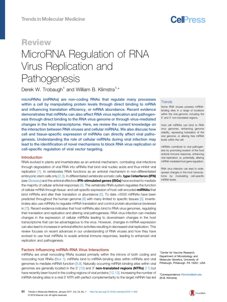 MicroRNA Regulation of RNA Virus Replication and Pathogenesis | PDF ...