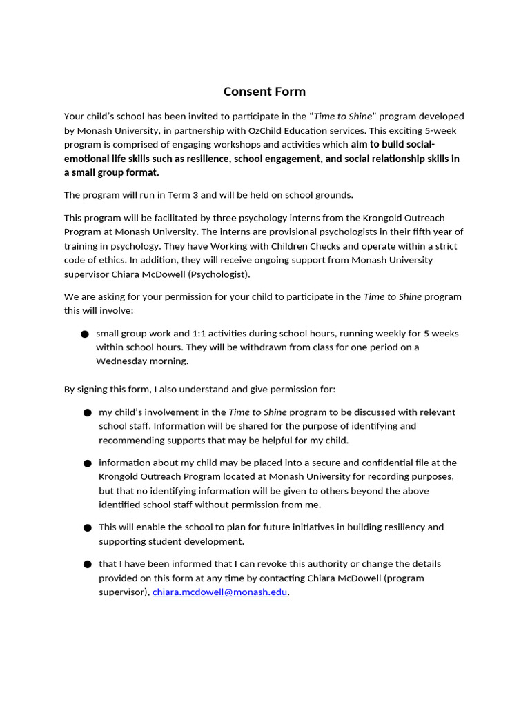 2023 Template Parent Consent 5 Week Blank | PDF | Human Development ...
