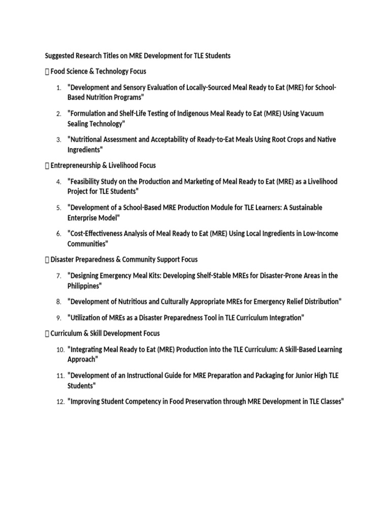 Suggested Research Titles On MRE Development For TLE Students | PDF