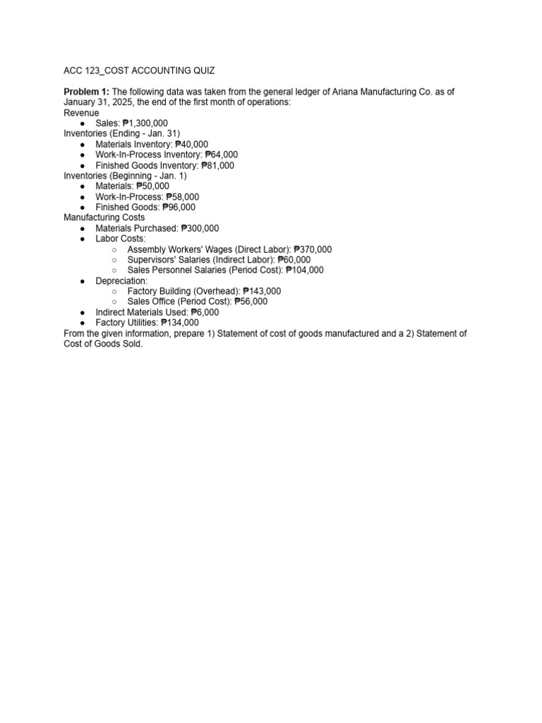 Acc 123 - Cost Accounting Quiz - 01.26.2026 | PDF | Cost Of Goods Sold ...