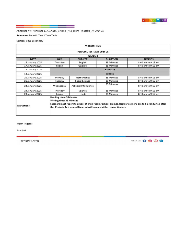 Annexure 1. A. 1 Cbse Grade 8 Pt2 Exam Timetable Ay 2024 25 | PDF