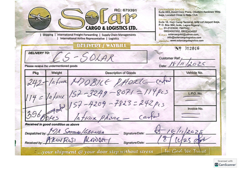 Infinix Delivery Note From Solar Cargo | PDF