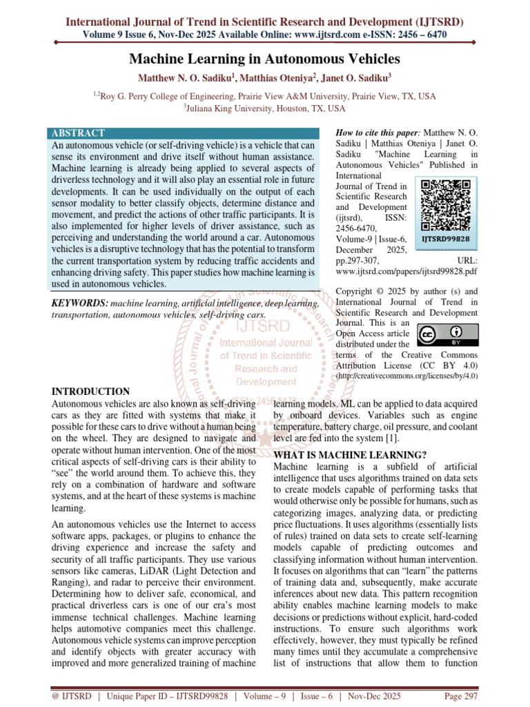 Machine Learning in Autonomous Vehicles | PDF | Machine Learning | Deep ...