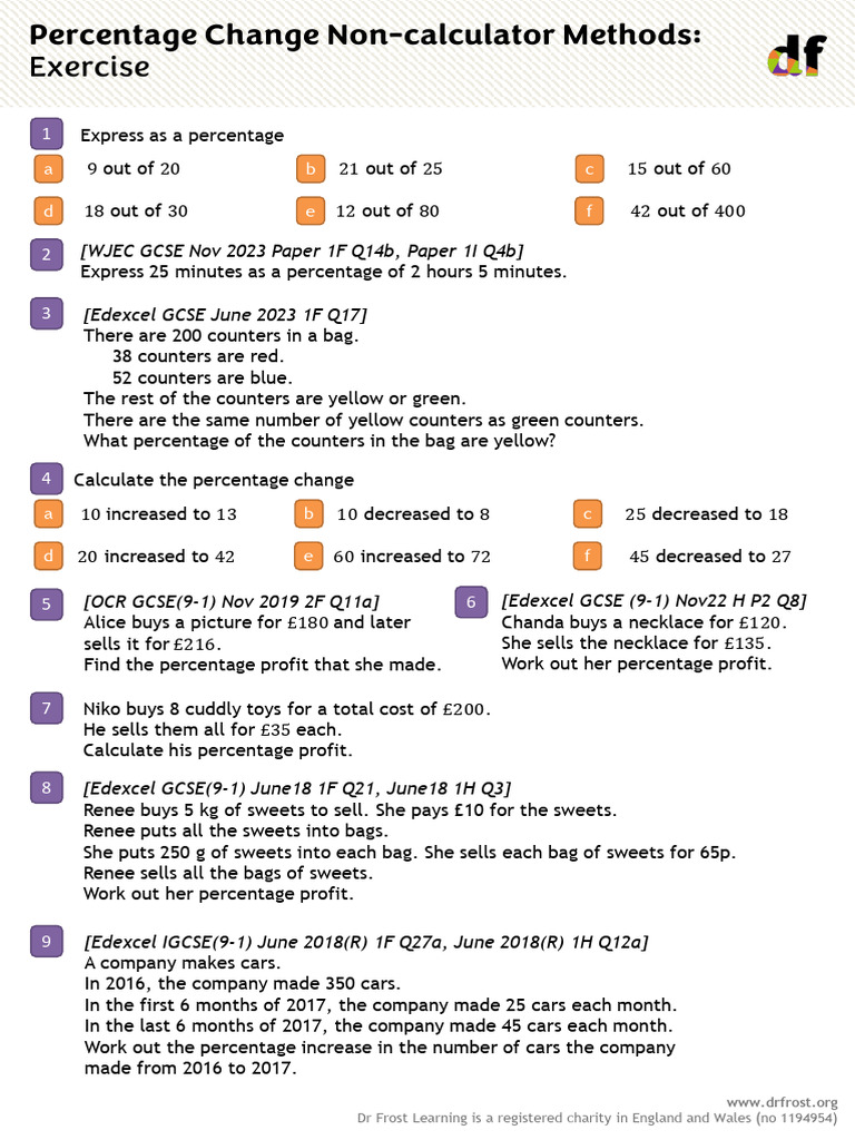 Percentage Change Non-Calculator Methods - Exercise | PDF