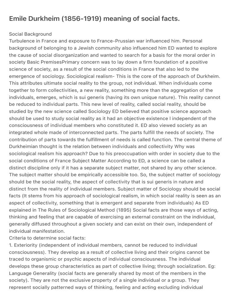 Emile Durkheim (1856-1919) Meaning of Social Facts. | PDF | Émile ...