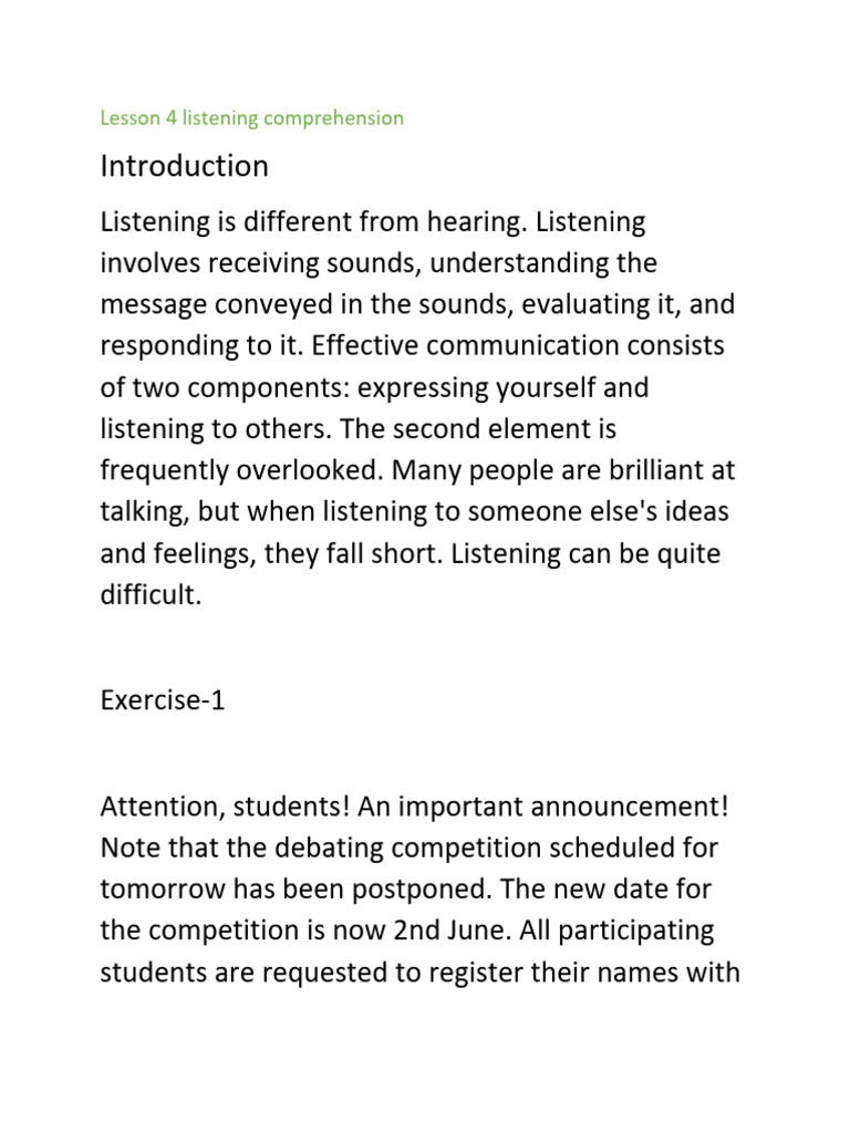 Lesson 4 Listening Comprehension | PDF | Communication | Human ...