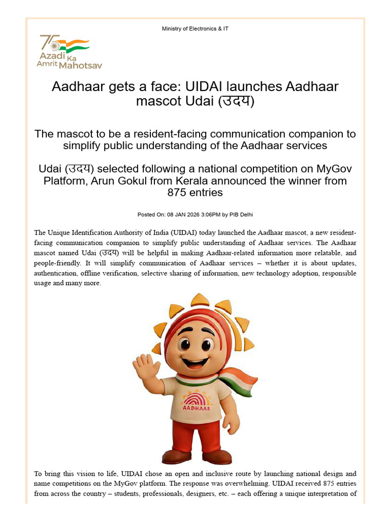 UIDAI Launches Aadhaar Mascot Udai | PDF | Languages Of India
