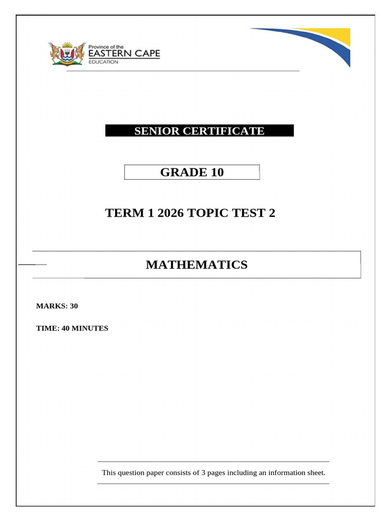 Maths Topic Test 2 Grade 10 2026 | PDF | Discrete Mathematics | Mathematics