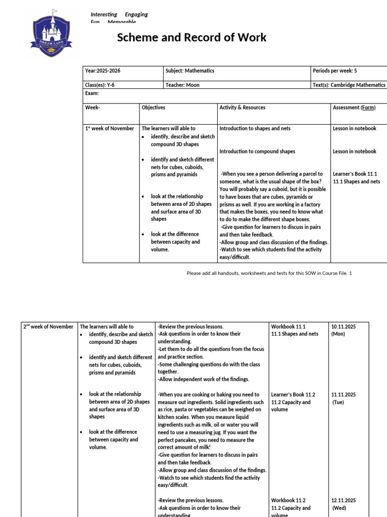 LP Maths November Y6 | PDF | Volume