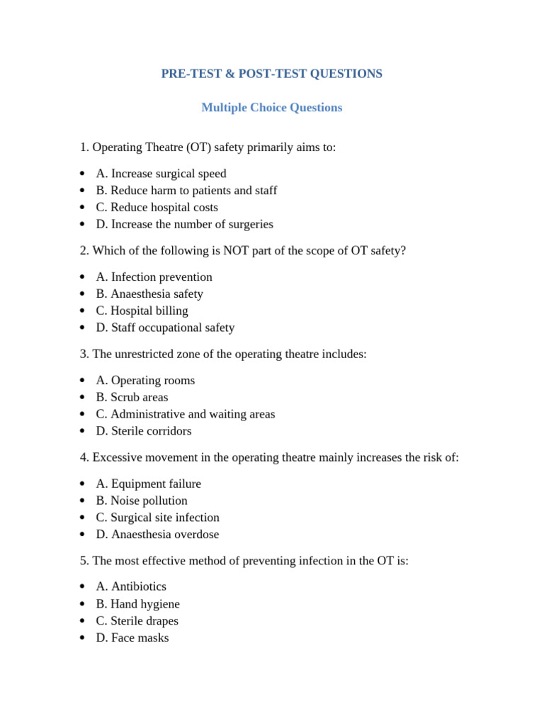 OT Safety Pre and Post Test | PDF | Operating Theater | Medical Specialties