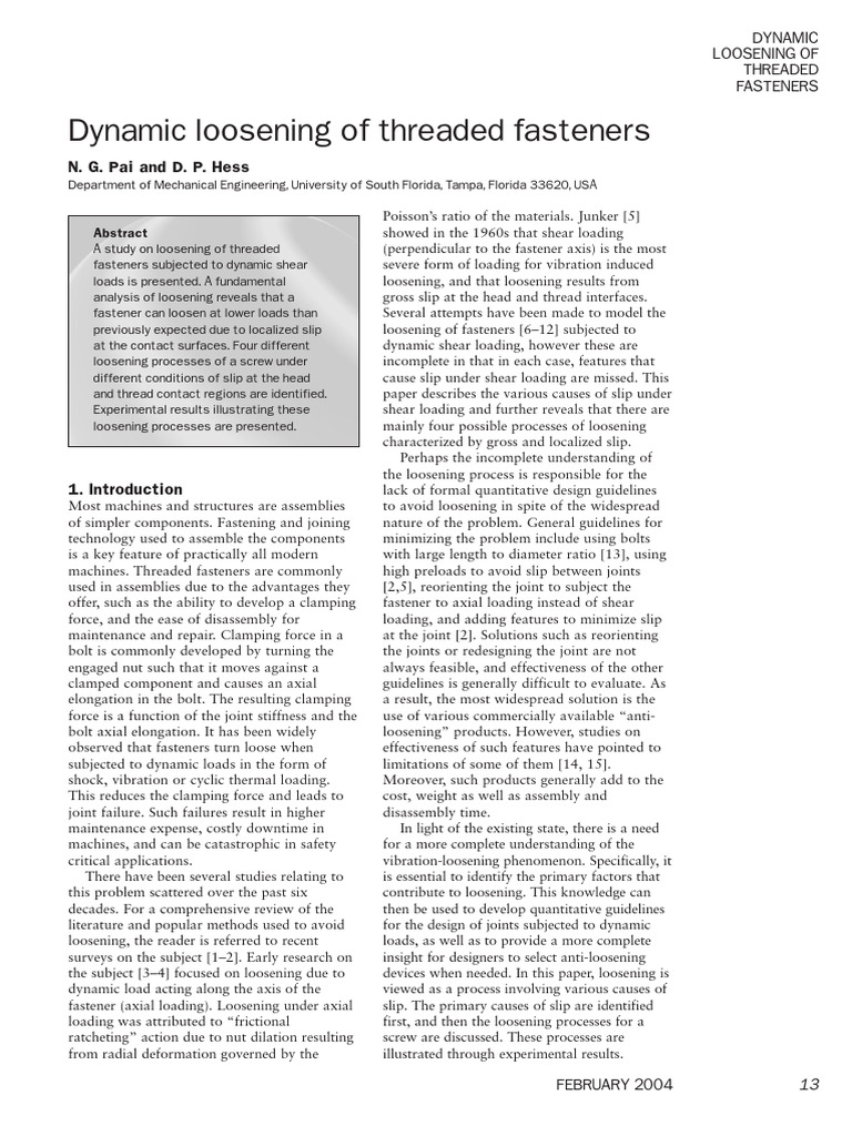 Dynamic Loosening of Threaded Fasteners | PDF | Friction | Screw