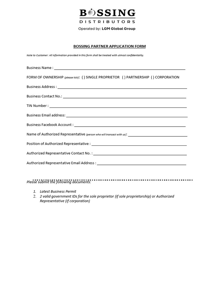 Bossing Partner New Application Form 2026 | PDF