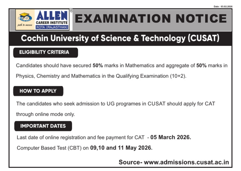 Cusat 2026 | PDF