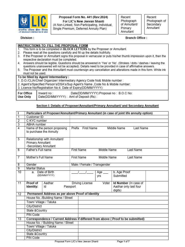 New Jeevan Shanthi - 758 (Form 441) | PDF | Insurance | Identity Document