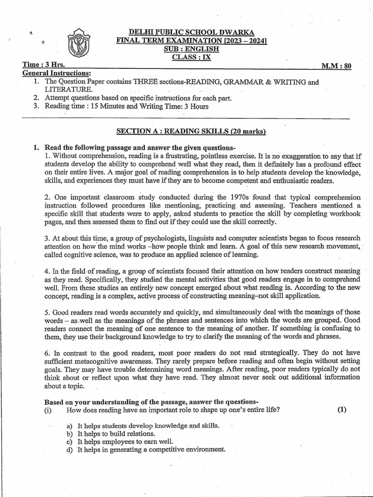 Final Exams Class 9 2023-2024 | PDF | Reading Comprehension