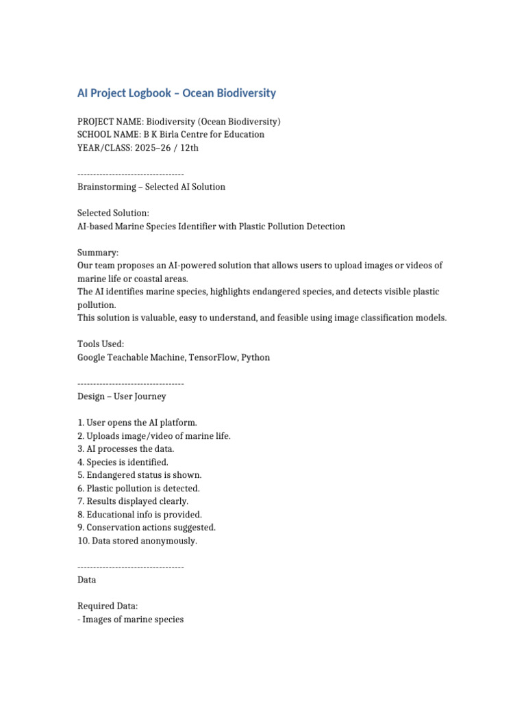 AI Project Logbook Ocean Biodiversity | PDF