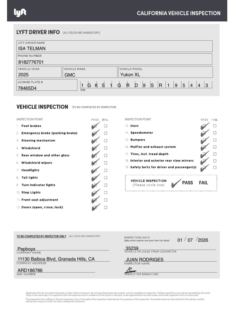 Lyft Vehicle Inspection Form California | PDF