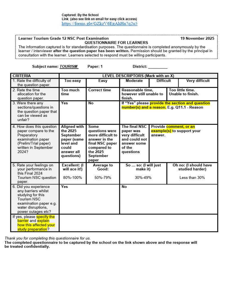 Learner Tourism - Post Exam Learner Questionnaire - NSC Nov 2025 | PDF
