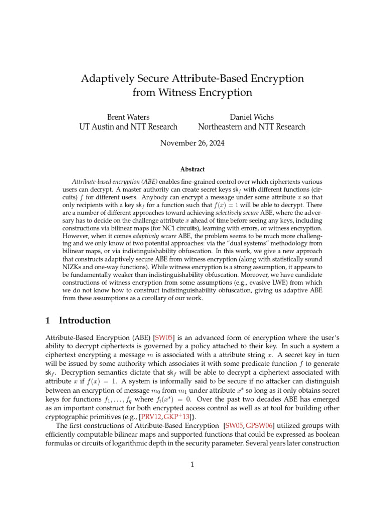 Waters和Wichs - 2024 - Adaptively Secure Attribute-Based Encryption From ...
