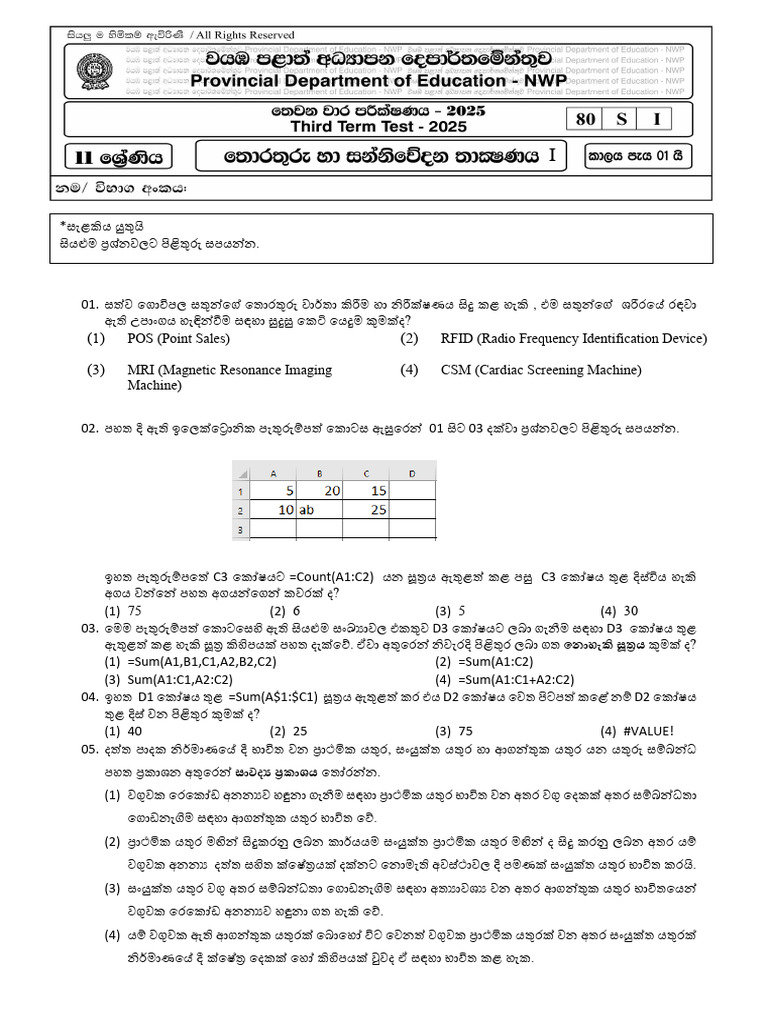 ICT 3rd Term With Answers 2025 | PDF