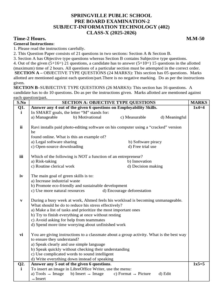 Class 10 Pree Board 2 | PDF | Databases | Spreadsheet