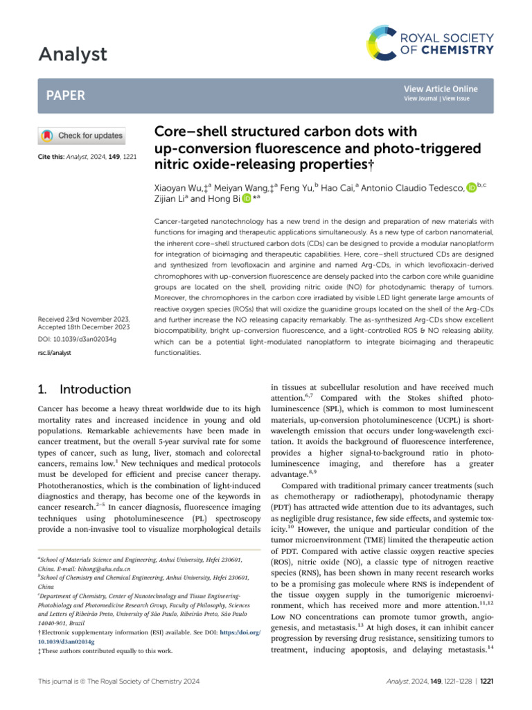 Core–Shell Structured Carbon Dots With Up-conversion Fluorescence and ...