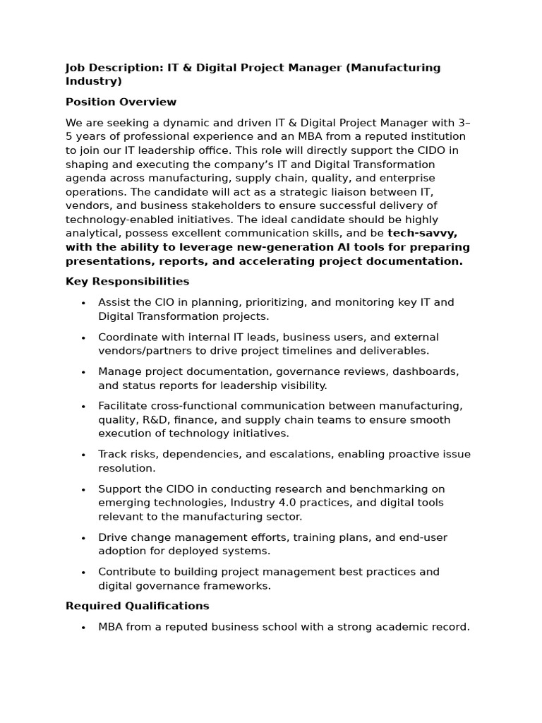IT & Digital Project Manager JD Final | PDF | Project Management ...