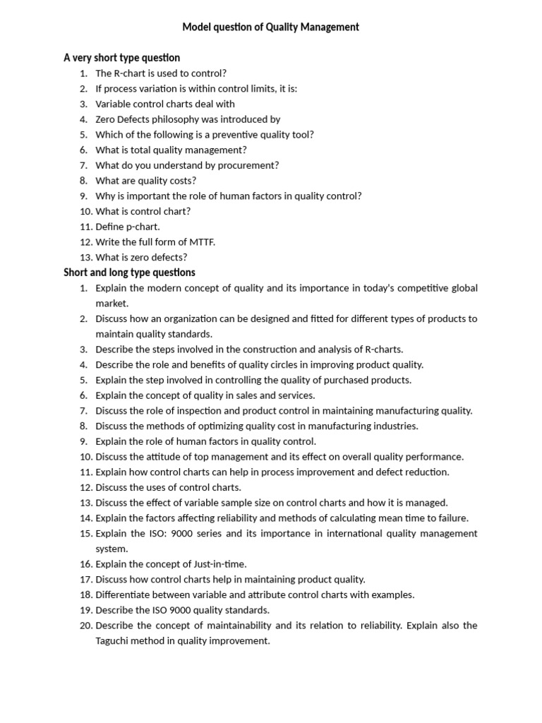 Model Question of Quality Management | PDF | Quality Management ...