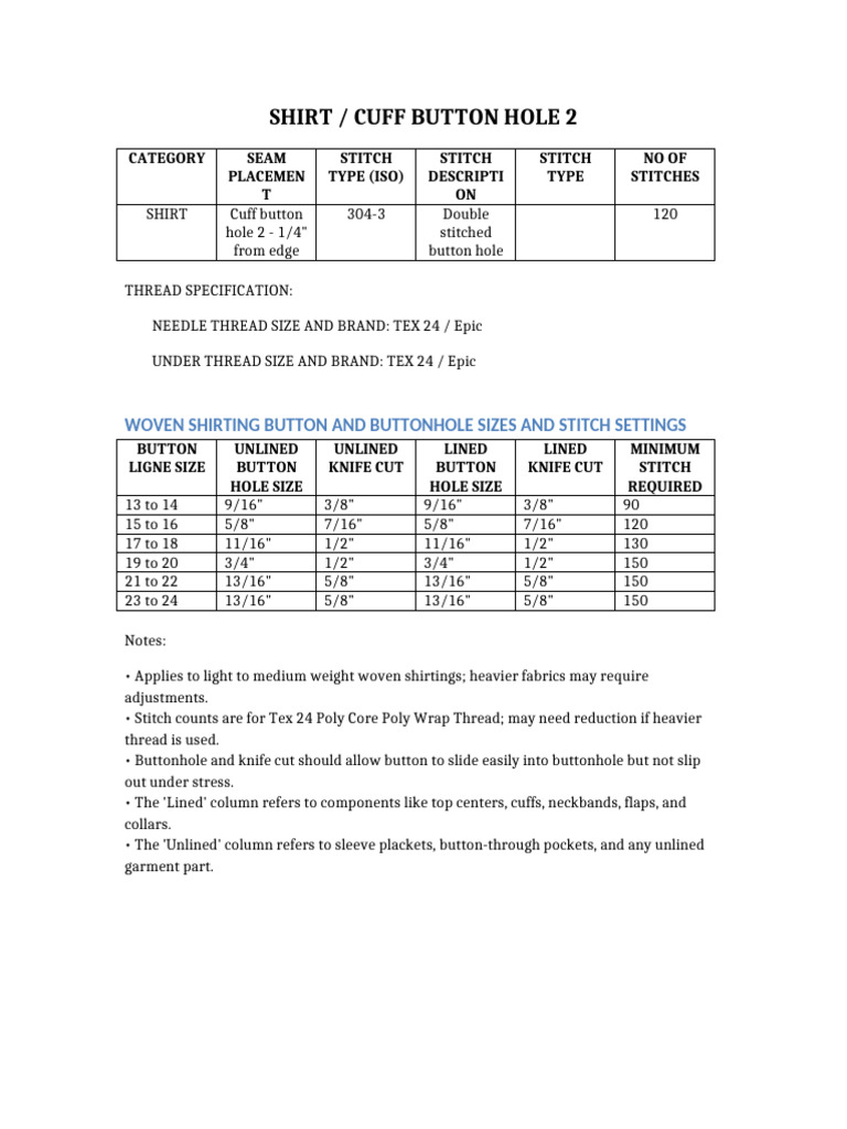 Shirt Cuff Buttonhole Specification | PDF