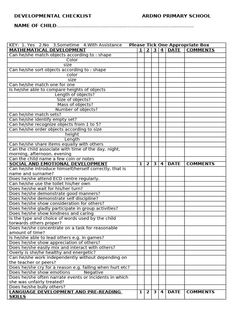 Developmental Checklist Ardno Primary School 2026 | PDF | Cognition ...