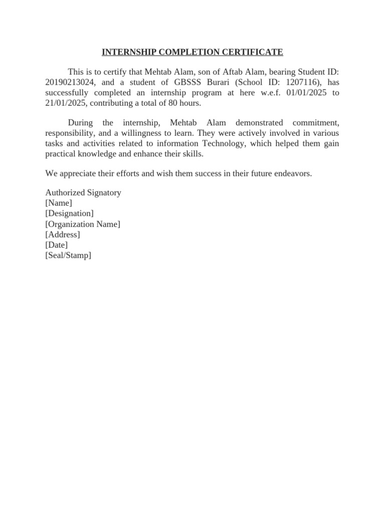 Internship Completion Certificate | PDF