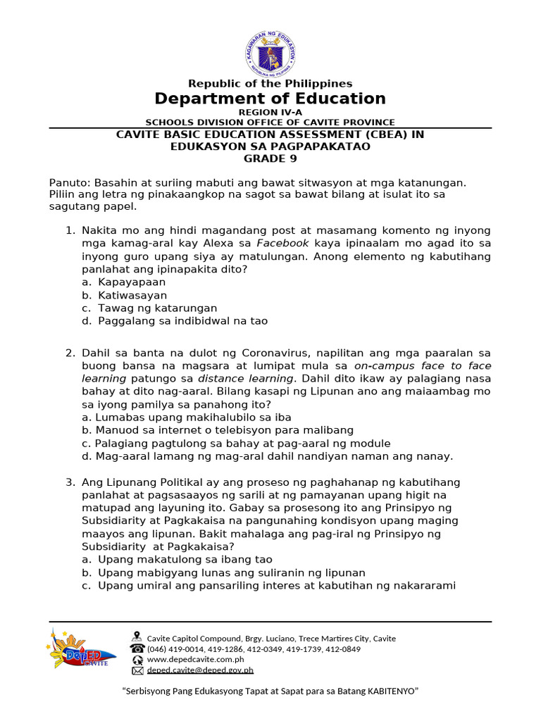 CBEA - EsP - Grade 9 - Diagnostic Test (25 Questions 1st To 4th Q) | PDF
