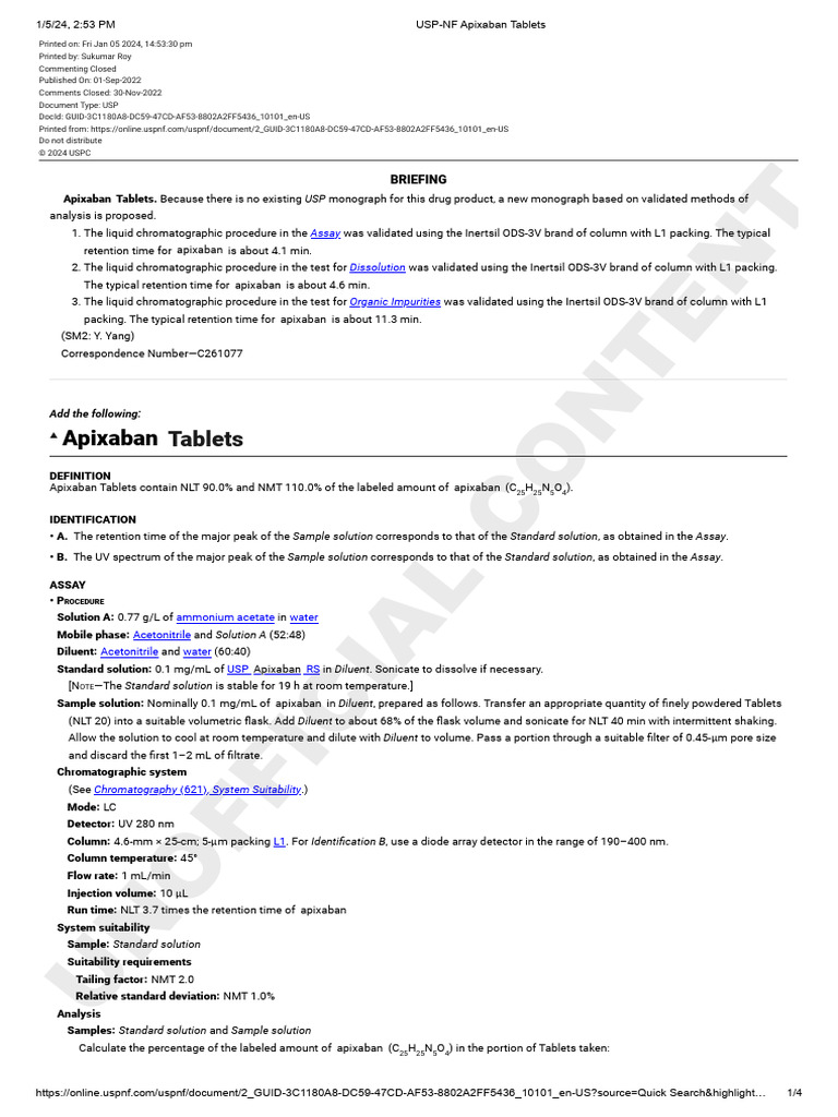 USP-NF Apixaban Tablets | PDF | Chromatography | High Performance ...