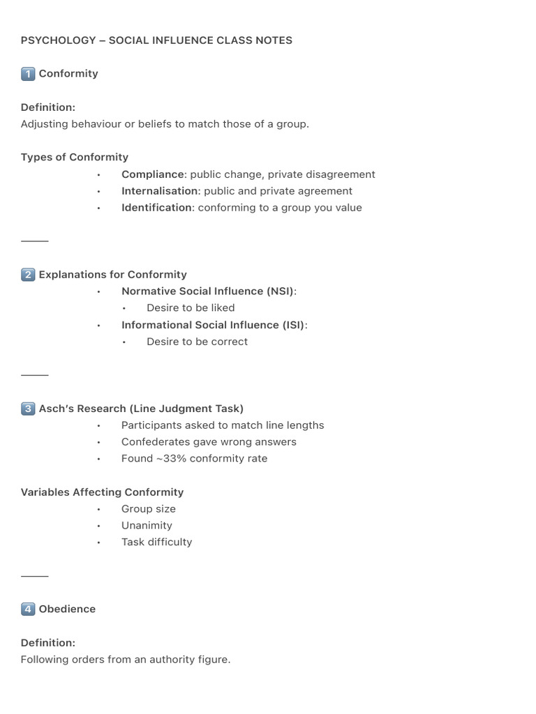 Psychology – Social Influence Class Notes | PDF