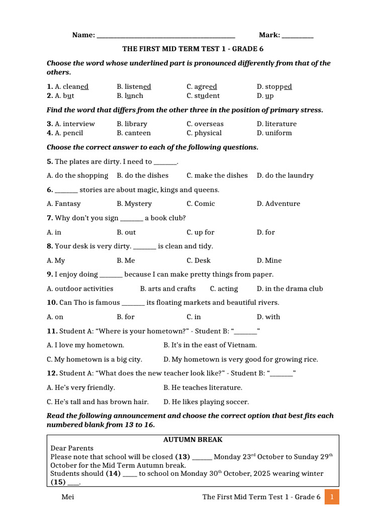 The First Mid Term Test 1 - Grade 6 | PDF | Room | Lunch