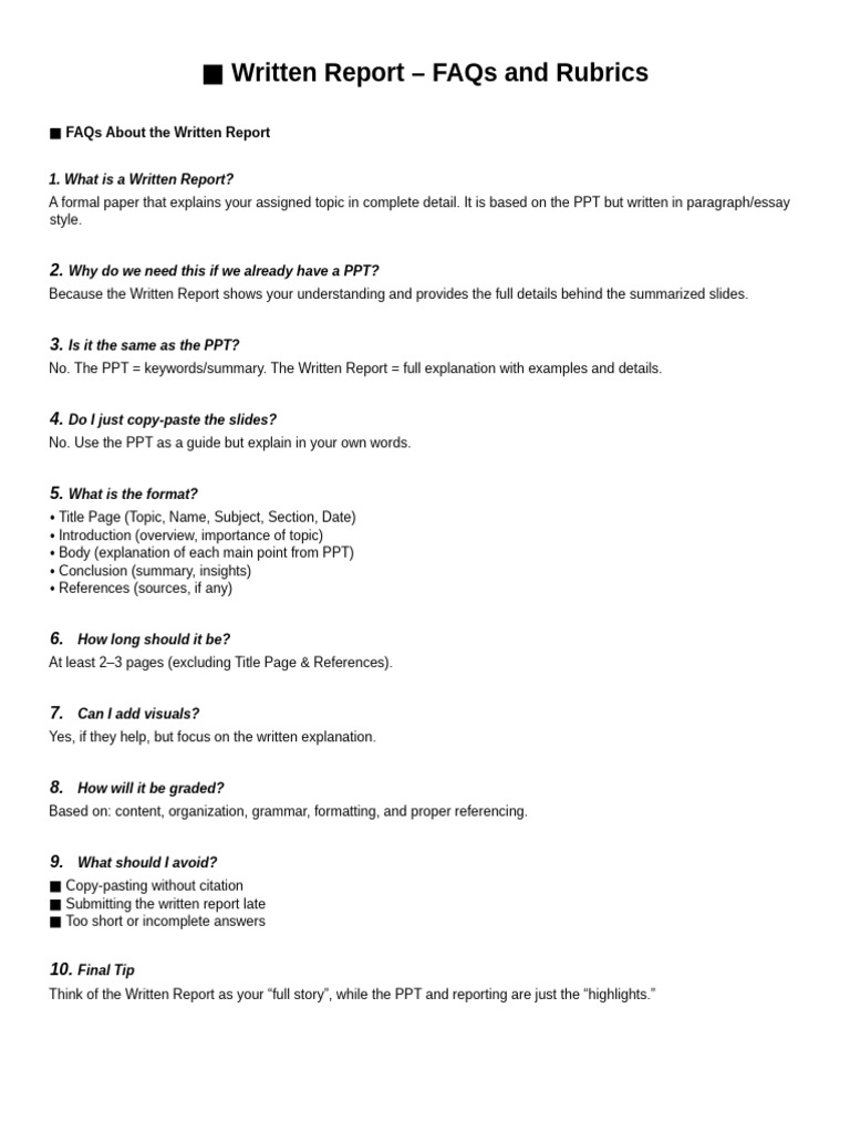 Written Report FAQs and Rubrics Fixed | PDF | Human Communication